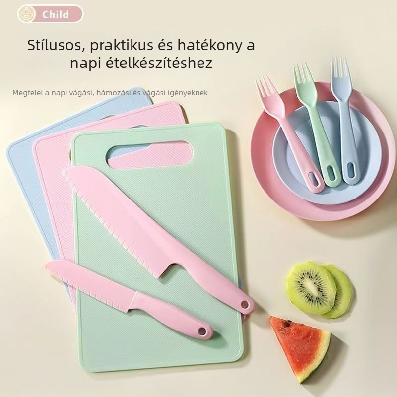 Gyerekeknek készített konyhai készlet, vágódeszka és műanyag pengéjű kések, élelmiszer-minőségű, biztonságos a kicsik kezéhez, gyümölcs kés