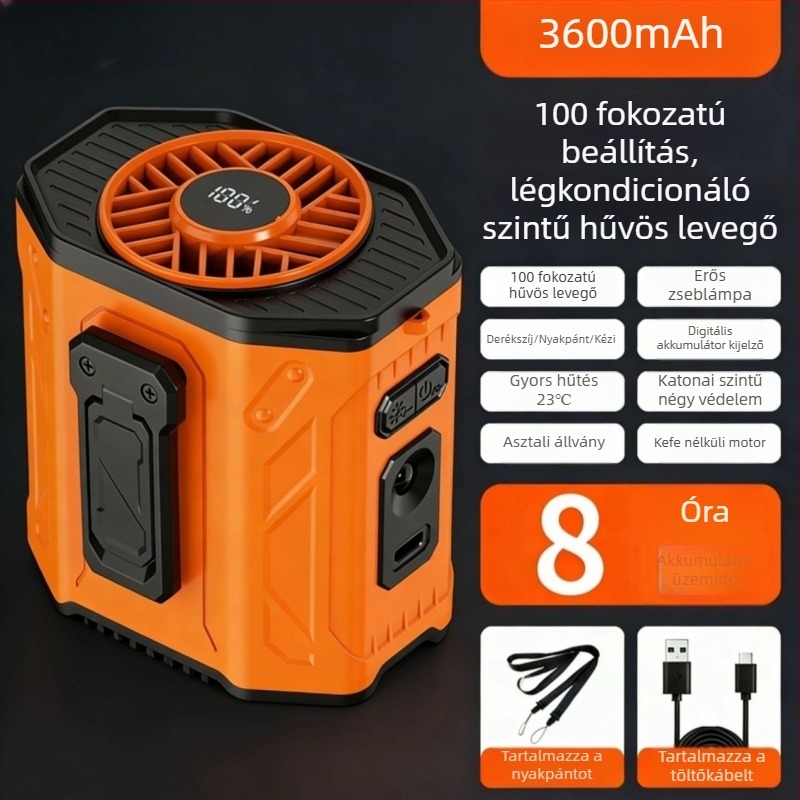 Kültéri derék- és nyakba viselhető ventilátor, USB-töltésű, 6-lapátos, 6 sebességfokozat, hordozható hűtés