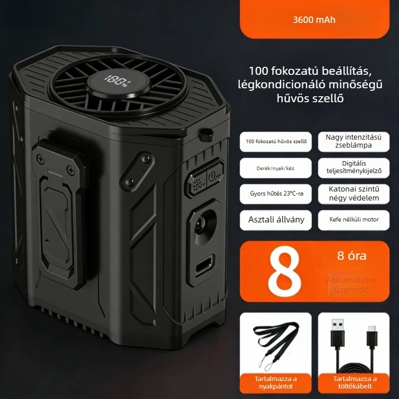 Kültéri derék- és nyakba viselhető ventilátor, USB-töltésű, 6-lapátos, 6 sebességfokozat, hordozható hűtés