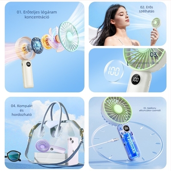 USB kézi mini ventilátor digitális kijelzővel, hordozható asztali ventilátor beépített akkumulátorral, 3 lapát, 6 fokozat