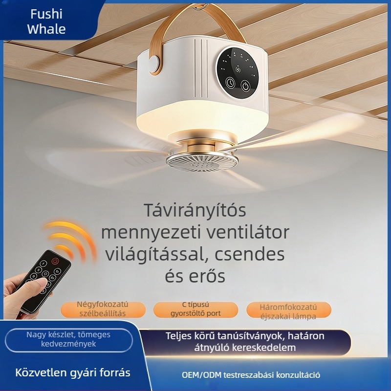 Mini többfunkciós kültéri kemping lámpás mennyezeti ventilátor — asztali és falra szerelhető tartóval, újratölthető, távirányító.