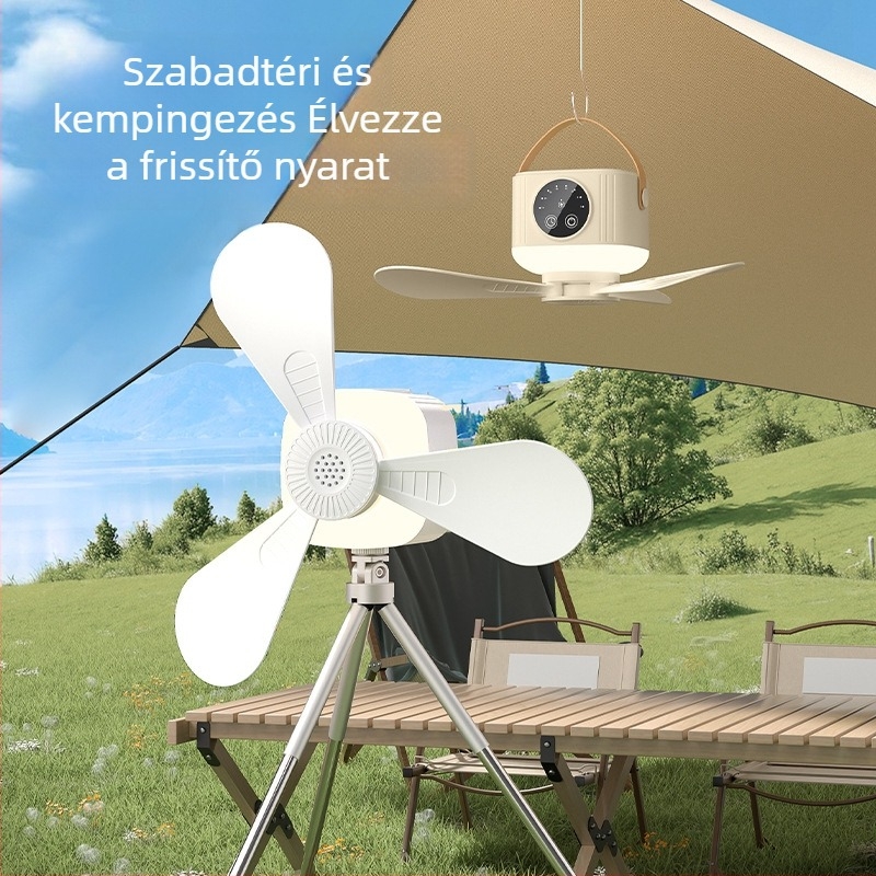 Mini többfunkciós kültéri kemping lámpás mennyezeti ventilátor — asztali és falra szerelhető tartóval, újratölthető, távirányító.