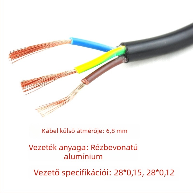 Rézbevonatú alumínium, 3-vezetékes brit szabványú tápkábel, 3-pontos csatlakozóval, fekete, 0,75 mm², hossz 1,2–3 m, végcsatlakozó
