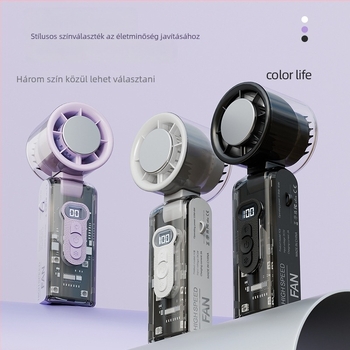 Kézi hűtőventilátor, összecsukható, digitális kijelző, 100 sebességfokozat, átlátszó ház LED-del