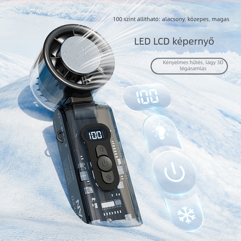 Kézi hűtőventilátor, összecsukható, digitális kijelző, 100 sebességfokozat, átlátszó ház LED-del