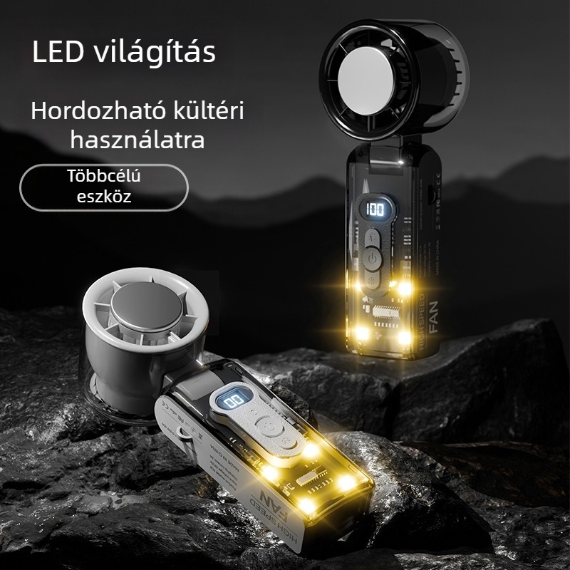 Kézi hűtőventilátor, összecsukható, digitális kijelző, 100 sebességfokozat, átlátszó ház LED-del