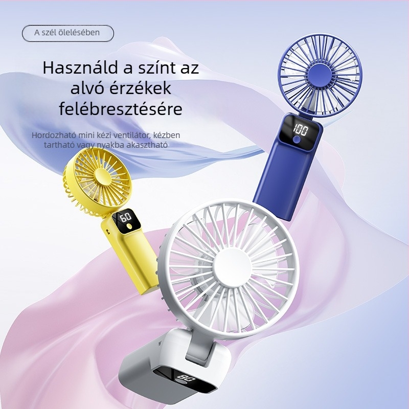 Kisméretű kézi ventilátor, újratölthető akkumulátorral, digitális kijelzővel, összecsukható, csendes, könnyű, lágy szellő