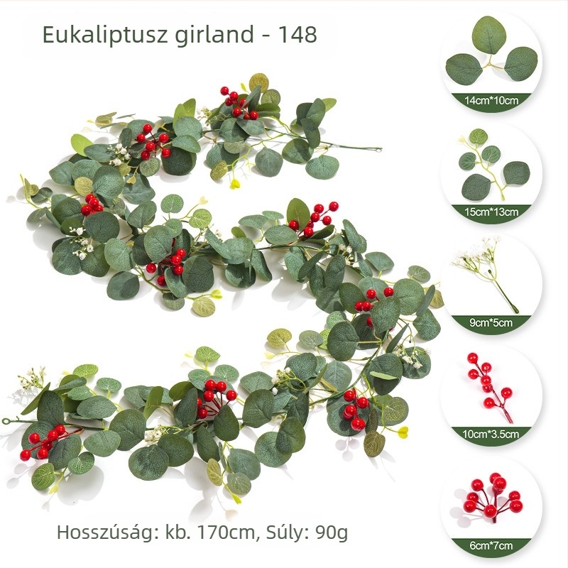 Mesterséges rattan indák eukaliptusz levelekkel és karácsonyi piros bogyókkal, otthoni asztali dekorációhoz
