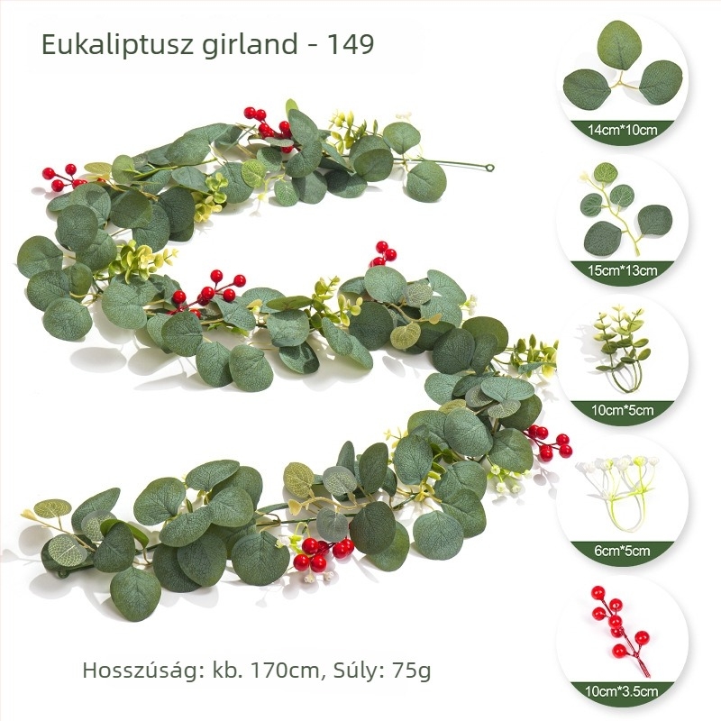 Mesterséges rattan indák eukaliptusz levelekkel és karácsonyi piros bogyókkal, otthoni asztali dekorációhoz