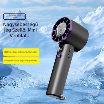 Új, külföldi piacra szánt kézi ventilátor USB-töltéssel, digitális kijelzővel, jéghűtéssel, kültéri használatra.