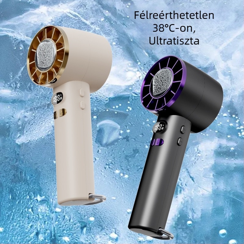 Új, külföldi piacra szánt kézi ventilátor USB-töltéssel, digitális kijelzővel, jéghűtéssel, kültéri használatra.