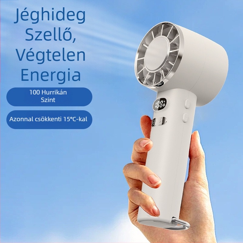 Új, külföldi piacra szánt kézi ventilátor USB-töltéssel, digitális kijelzővel, jéghűtéssel, kültéri használatra.