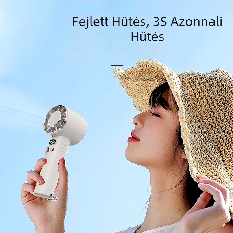 Új, külföldi piacra szánt kézi ventilátor USB-töltéssel, digitális kijelzővel, jéghűtéssel, kültéri használatra.