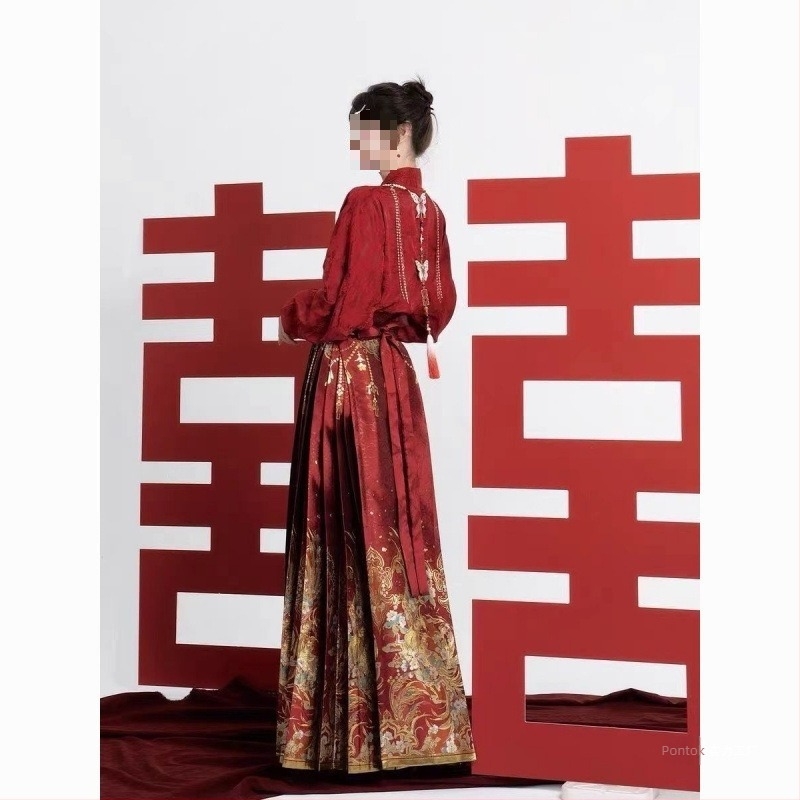 Tradicionális kínai Hanfu ruha koccintásra, eljegyzésre és esküvőre, vörös mamian szoknya, esküvői szett