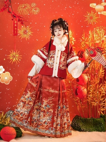 Női Ming-dinasztia stílusú Hanfu, téli Mamian szoknya fleece béleléssel és vastag anyaggal, hímzett geometriai mintával, hagyományos jelmez