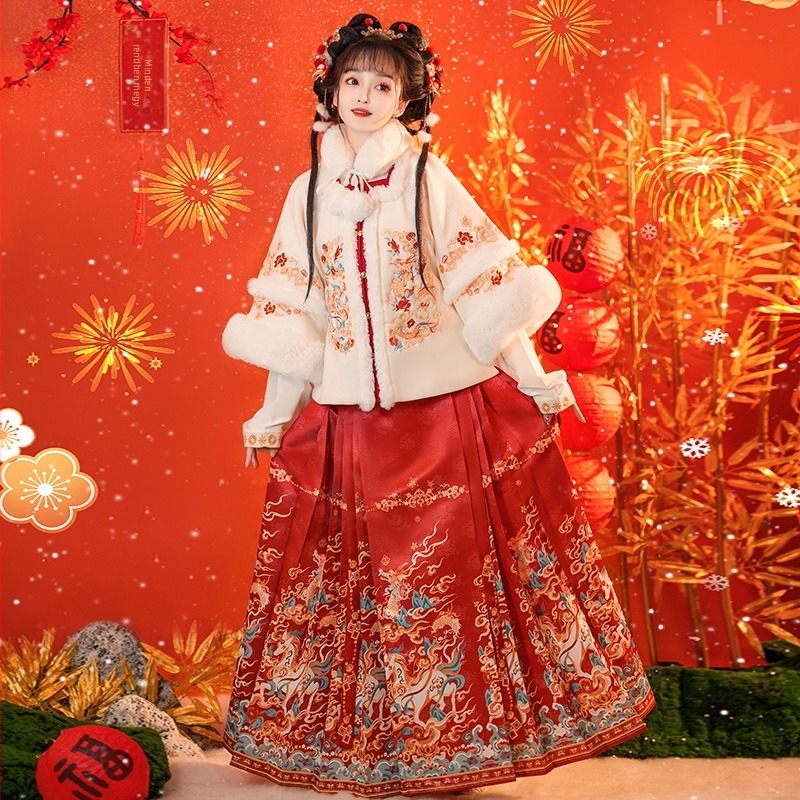 Női Ming-dinasztia stílusú Hanfu, téli Mamian szoknya fleece béleléssel és vastag anyaggal, hímzett geometriai mintával, hagyományos jelmez