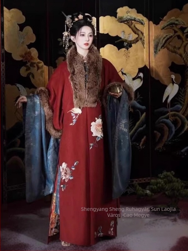Ming-stílusú Hanfu női szőrmekabát fleece béléses, hímzett álló gallér, aszimmetrikus záródás, hosszú köntös, állatmintás, őszi–téli készlet