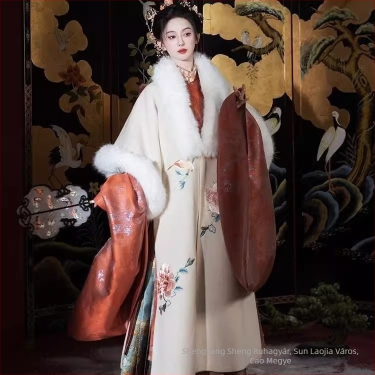 Ming-stílusú Hanfu női szőrmekabát fleece béléses, hímzett álló gallér, aszimmetrikus záródás, hosszú köntös, állatmintás, őszi–téli készlet