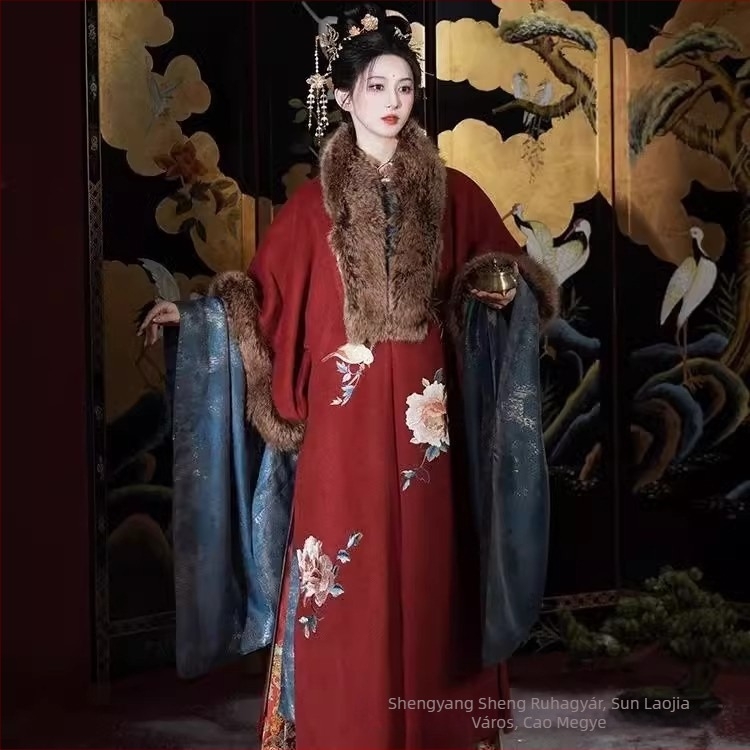 Ming-stílusú Hanfu női szőrmekabát fleece béléses, hímzett álló gallér, aszimmetrikus záródás, hosszú köntös, állatmintás, őszi–téli készlet
