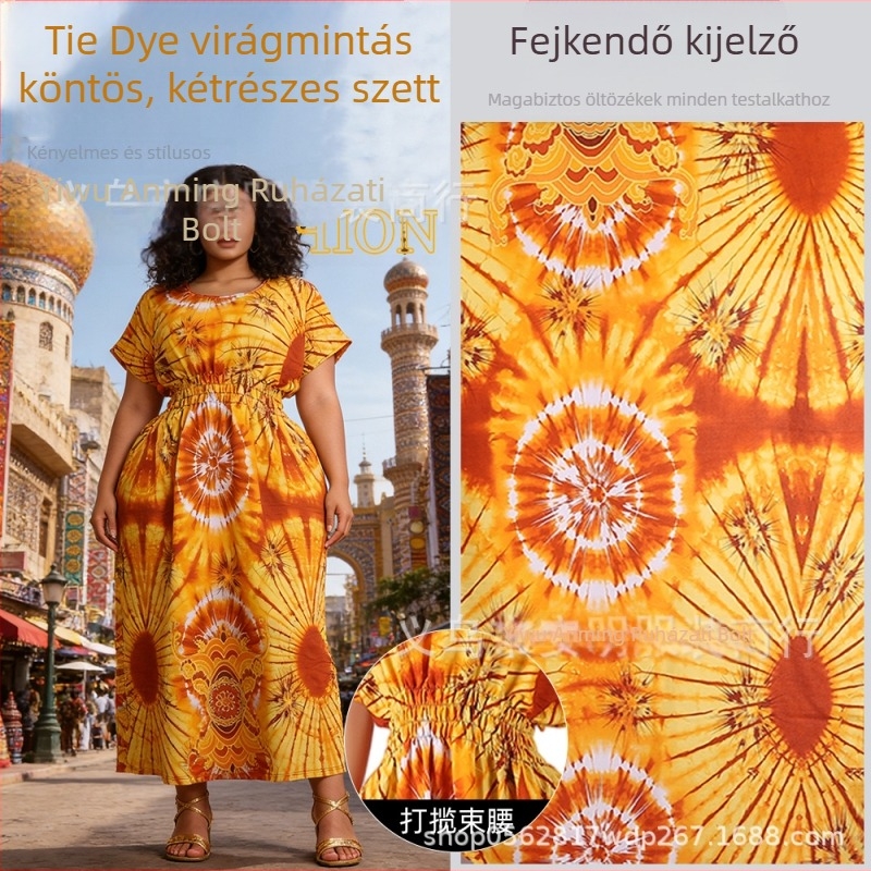 Afrikai ihletésű két részes köntös szett fejkendővel, derekát hangsúlyozó hosszú ruha, plusz méret