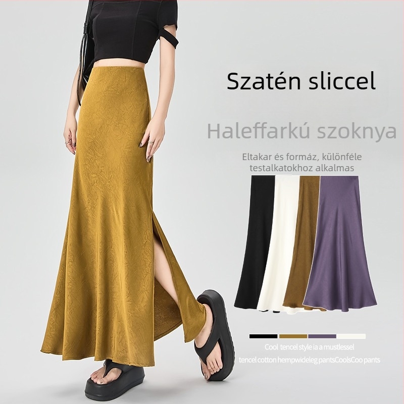 Acetát szatén midi szoknya, oldalsó hasítékkal, nőknek, nyár, jacquard textúra, karcsúsító esés, A-vonalú sziluett, szirén