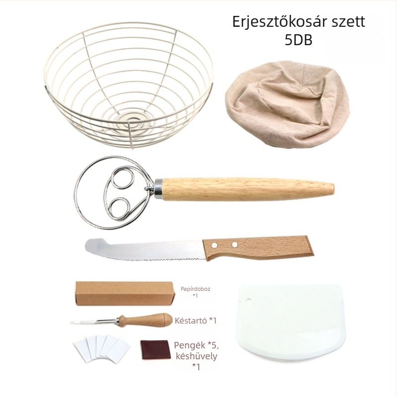 Kenyérsütéséhez tervezett eszközkészlet: rozsdamentes acél kenyérfermentáló kosár, tésztabevágó kés és dagasztógép