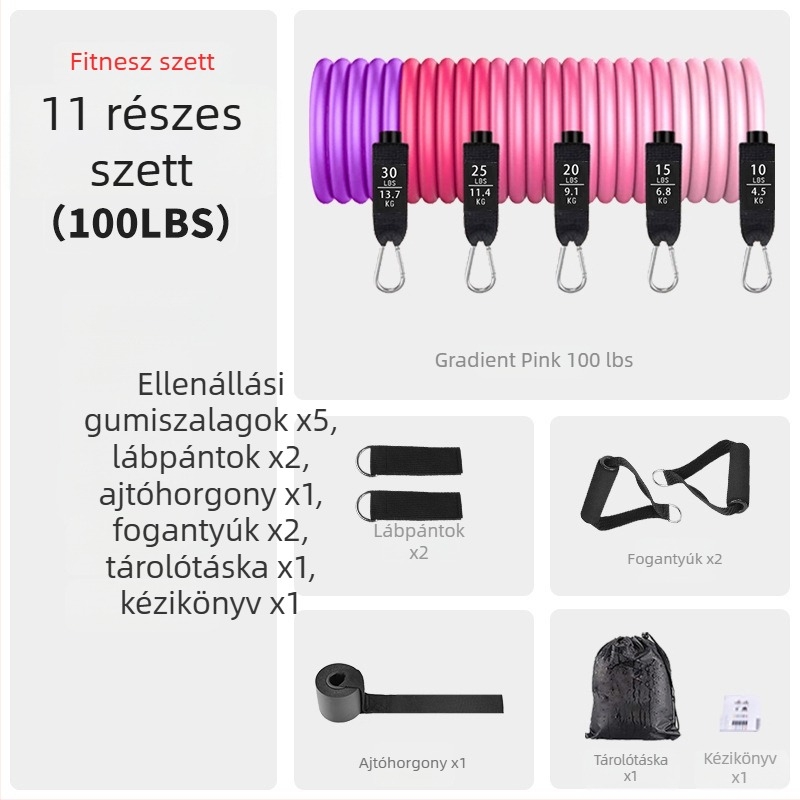 11 részes TPE ellenállás szett edzéshez, elasztikus szalagok, 100/150/200 lb feszítés