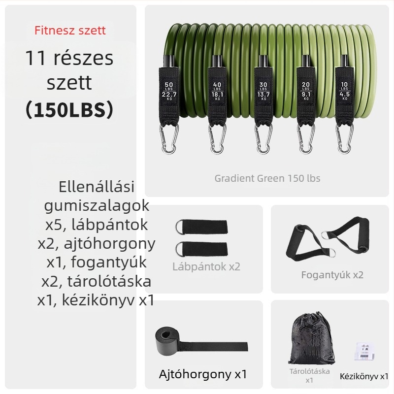 11 részes TPE ellenállás szett edzéshez, elasztikus szalagok, 100/150/200 lb feszítés