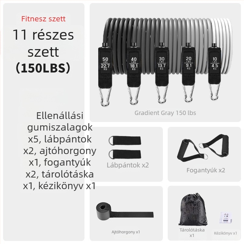11 részes TPE ellenállás szett edzéshez, elasztikus szalagok, 100/150/200 lb feszítés