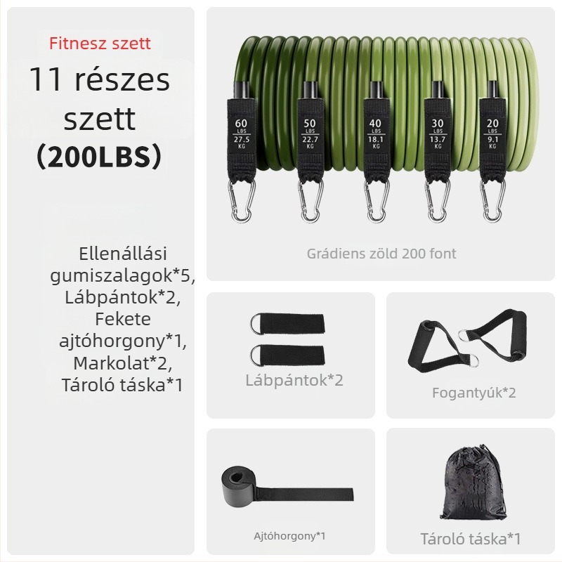 11 részes TPE ellenállás szett edzéshez, elasztikus szalagok, 100/150/200 lb feszítés