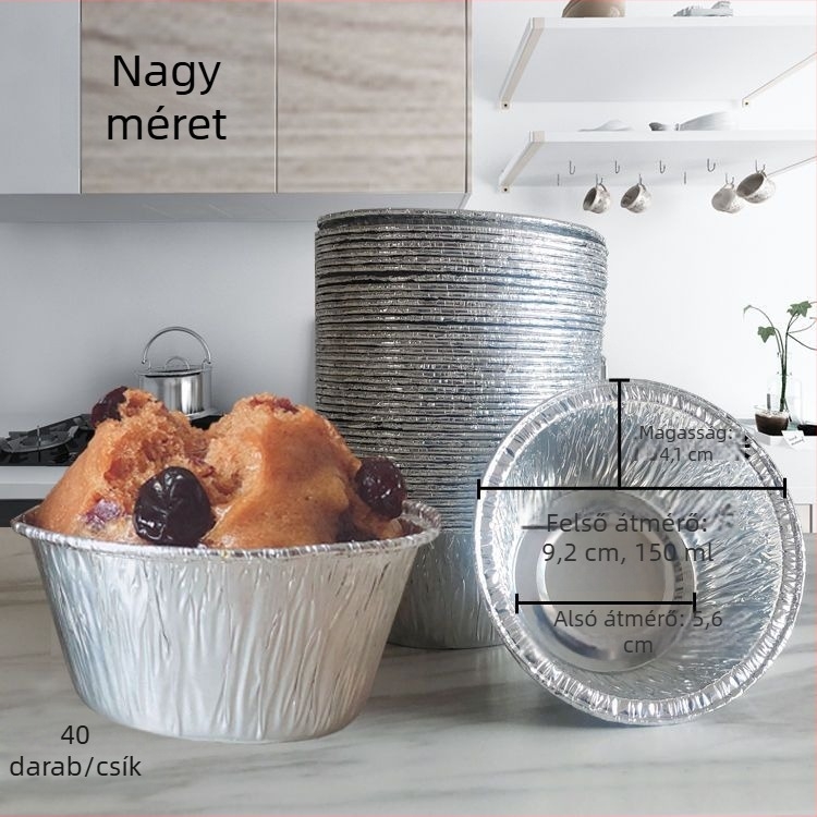 Nagy méretű, egyszer használatos tortaformák alufóliából pároláshoz, 40 darab, hőálló