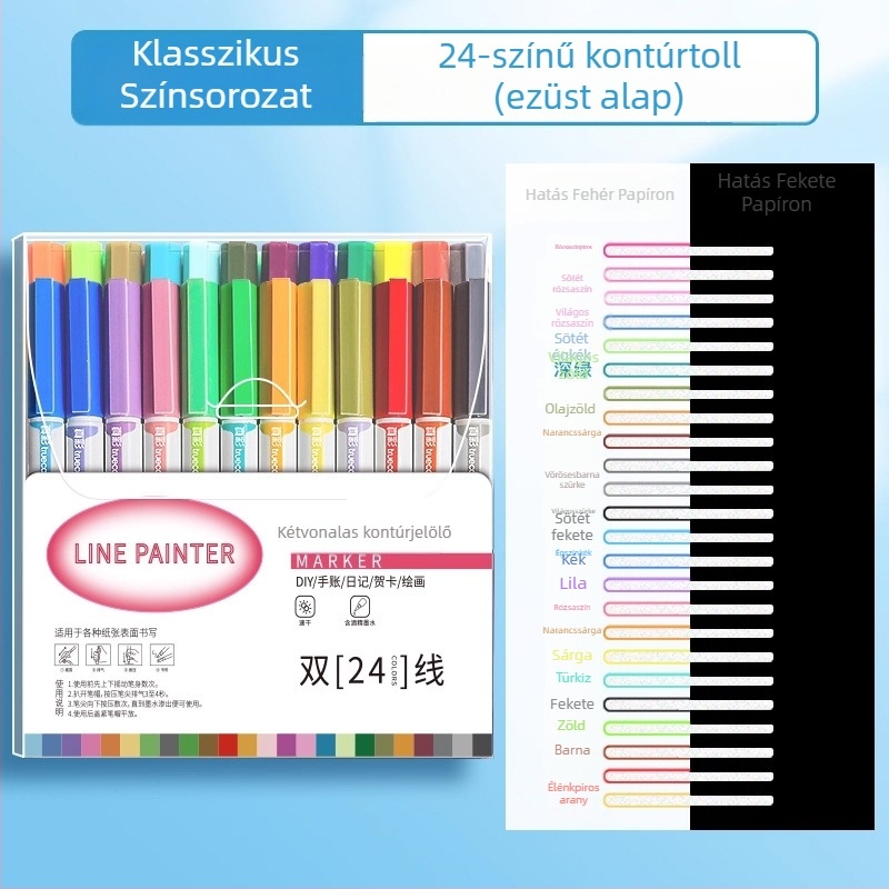 24 színű kettős vonalú kontúr marker neon színekben a diákok jegyzeteihez és naplóikhoz