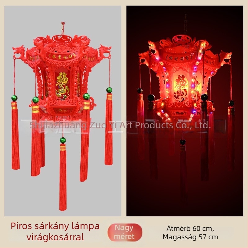 LED hexagonális sárkánylámpa – színes, forgó, antik stílusú, kínai újévre, kültéri erkély dekoráció