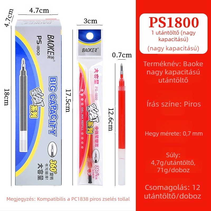 Baoke szivárvány zselés toll refill, dobozban, 0.7 mm, fekete és piros, nagy kapacitású vízbázisú tinta