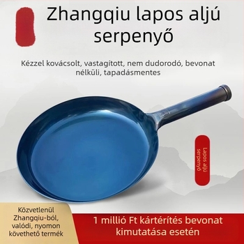 Autentikus kézzel kovácsolt vas serpenyő, lapos aljzattal, bevonat nélküli, tapadásmentes, kézzel készített tojás- és steak sütéséhez
