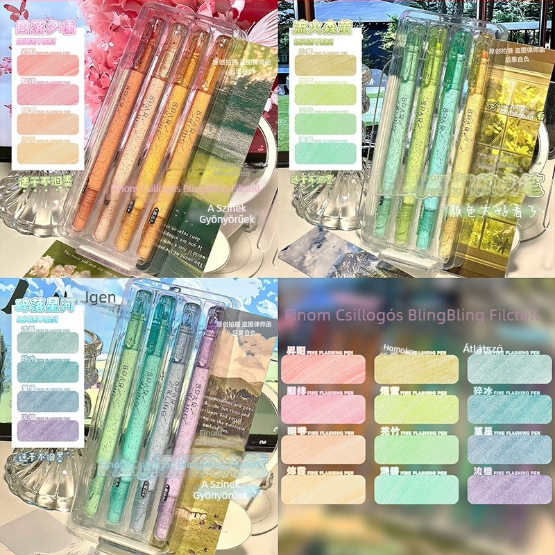 Finom csillogó highlighter tollkészlet, színes, gyorsan száradó, diákoknak, kiemeléshez, jegyzeteléshez és rajzoláshoz