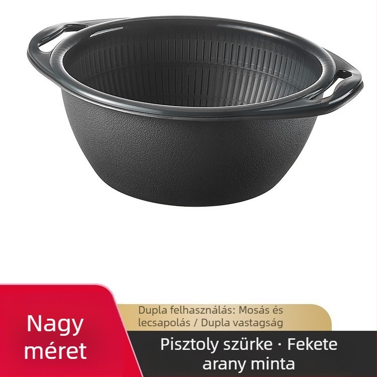 Konyhai felületre illeszkedő rozsdamentes acélból készült multifunkcionális leszívó- és tárolóedény — rizs mosására, gyümölcsök és zöldségek öblítésére és tárolására