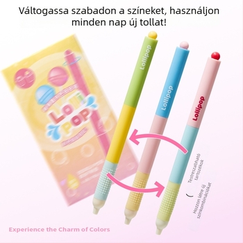Gél toll csavaros mechanikával, színes blokkos dizájnnal, lollipop-stílusban, dopamin árnyalatokkal, vizsga gyakorláshoz, elegáns megjelenés