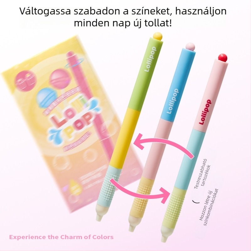 Gél toll csavaros mechanikával, színes blokkos dizájnnal, lollipop-stílusban, dopamin árnyalatokkal, vizsga gyakorláshoz, elegáns megjelenés