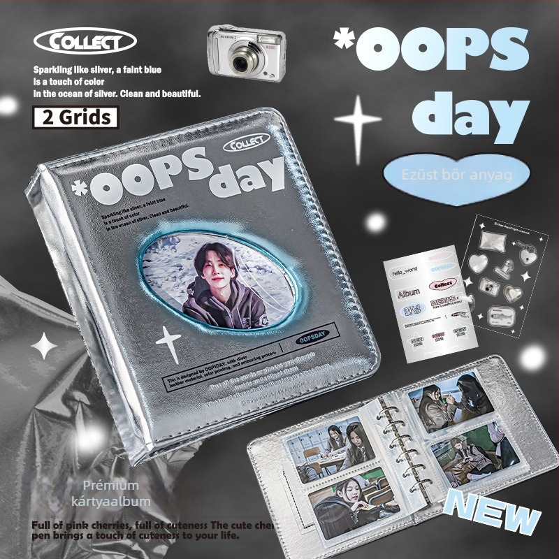 OOPSDAY Rest Day Két rekeszű kártyaalbum ezüst bőrborítással és fémlapos gyűrűkkel