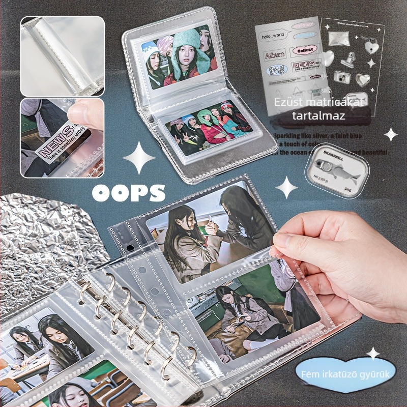 OOPSDAY Rest Day Két rekeszű kártyaalbum ezüst bőrborítással és fémlapos gyűrűkkel