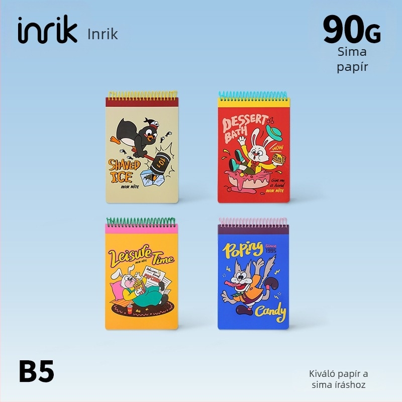 Inrik illusztrációs sorozat, B5-ös spirálfüzet, amerikai stílus, vonalas és rácsos oldalakkal, diákoknak szánt rajzos jegyzet