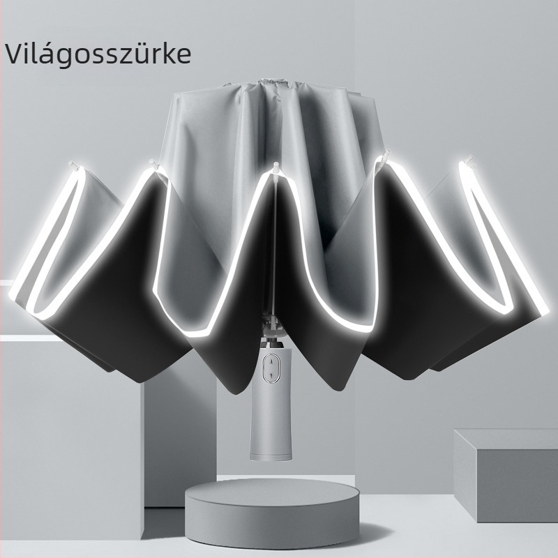 10 bordájú automata visszafelé nyíló esernyő, fényvisszaverő csíkokkal és színben egyeztetett markolattal, logónyomtatás reklám- és üzleti ajándékokhoz