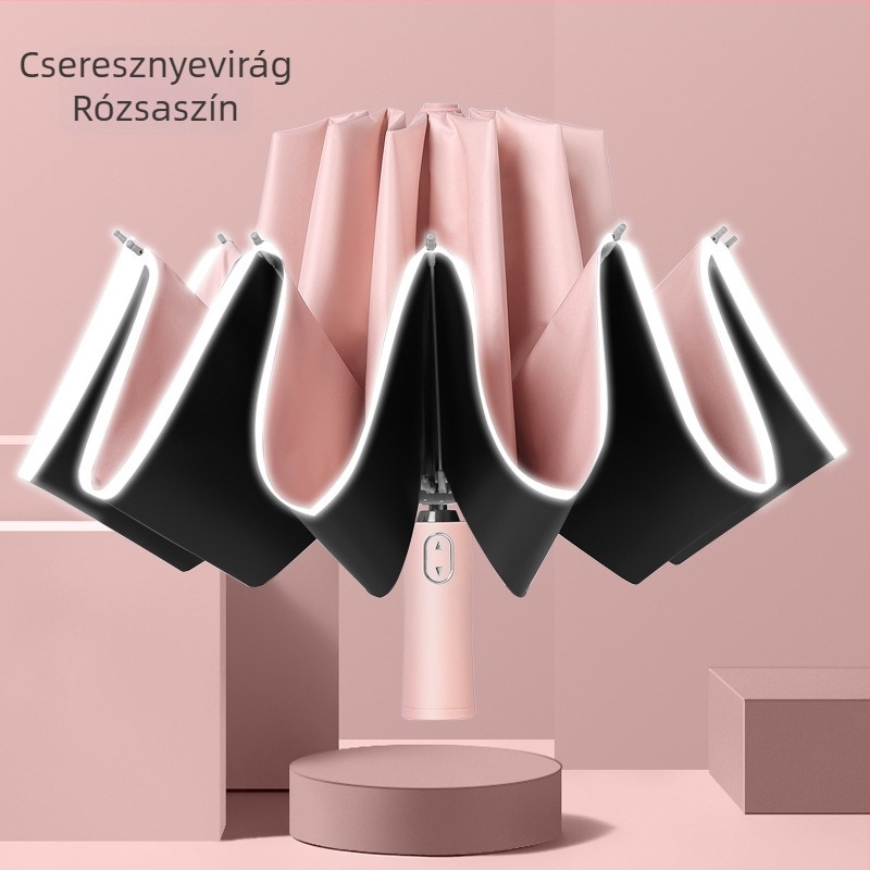 10 bordájú automata visszafelé nyíló esernyő, fényvisszaverő csíkokkal és színben egyeztetett markolattal, logónyomtatás reklám- és üzleti ajándékokhoz