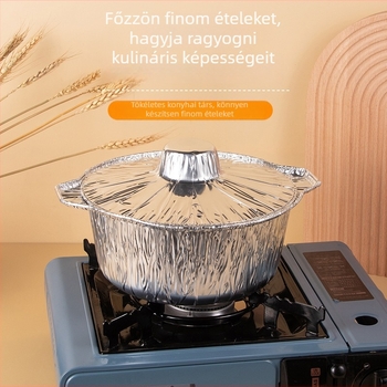 Egyszer használatos alumínium kempingtál kültéri főzéshez; alkalmas forró pot és fóliába csomagolt ételek készítésére