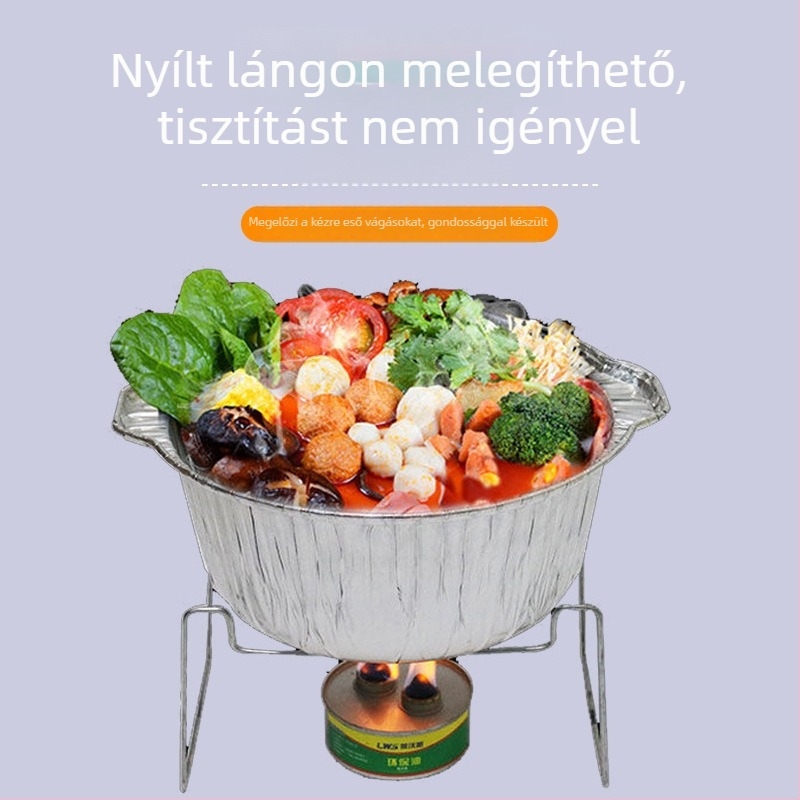 Egyszer használatos alumínium kempingtál kültéri főzéshez; alkalmas forró pot és fóliába csomagolt ételek készítésére