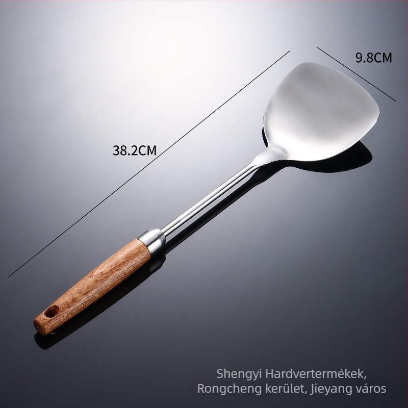 304 rozsdamentes acél spatula készlet Sapeli-féle nyéllel; tartalmaz spatulát, lyukas kanalat, szűrőt és palacsinta fordítót