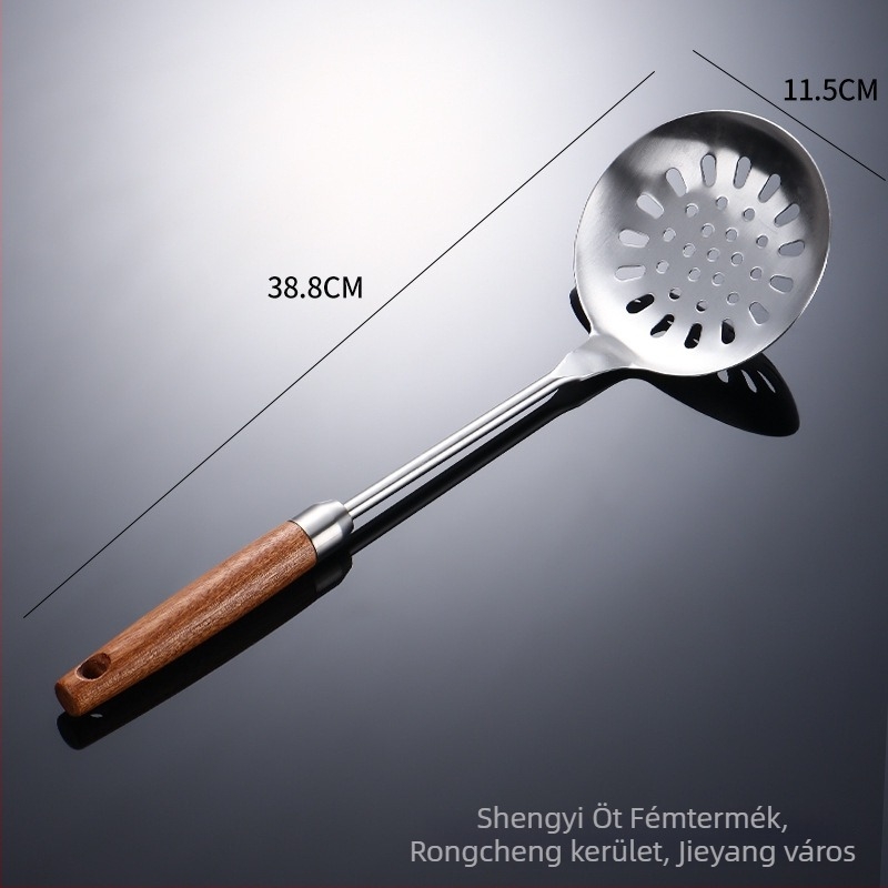 304 rozsdamentes acél spatula készlet Sapeli-féle nyéllel; tartalmaz spatulát, lyukas kanalat, szűrőt és palacsinta fordítót