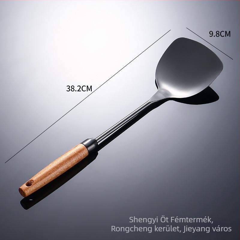 304 rozsdamentes acél spatula készlet Sapeli-féle nyéllel; tartalmaz spatulát, lyukas kanalat, szűrőt és palacsinta fordítót