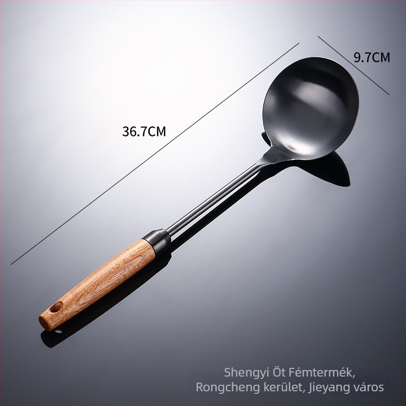 304 rozsdamentes acél spatula készlet Sapeli-féle nyéllel; tartalmaz spatulát, lyukas kanalat, szűrőt és palacsinta fordítót